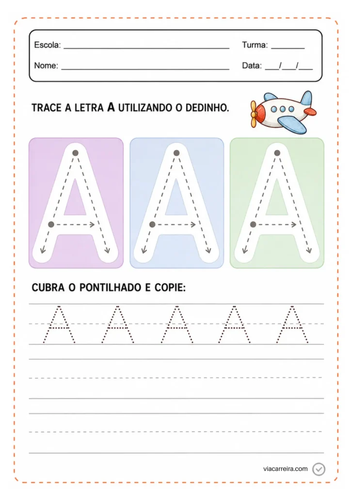 Trace a letra A com o dedinho: blocos coloridos com setas de direção