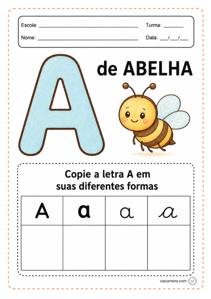 A de abelha: copie a letra A em quatro formas e estilos diferentes