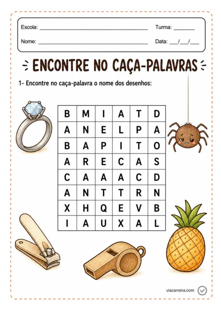 Caça-palavras da letra A: encontre anel, aranha, apito e abacaxi