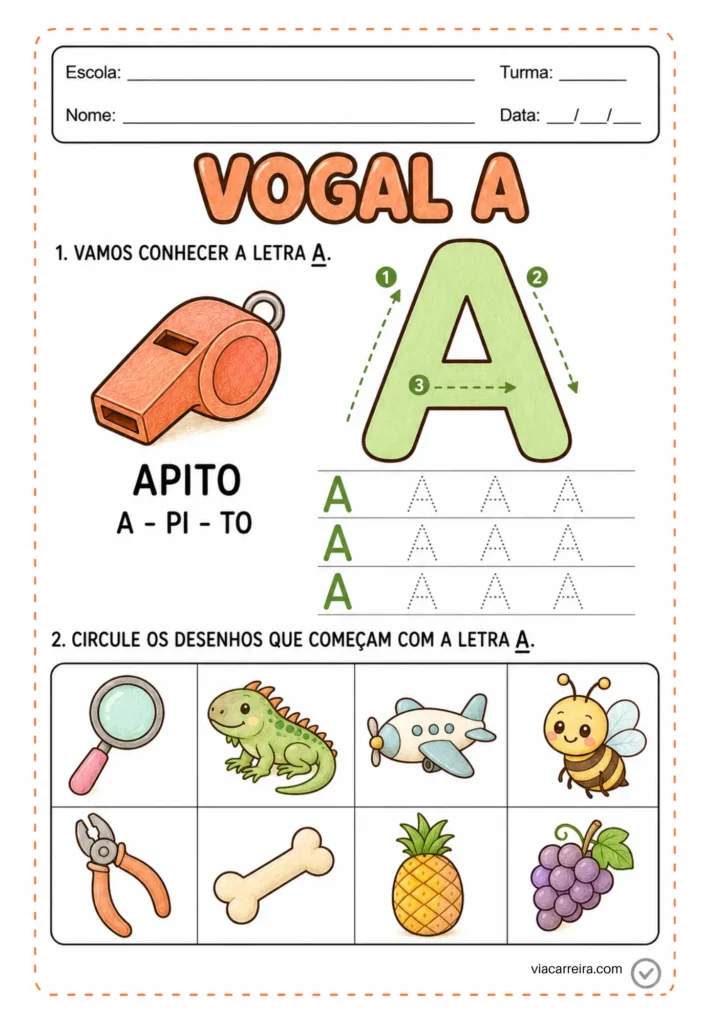 Vogal A: traçado numerado e desenhos que começam com a letra A
