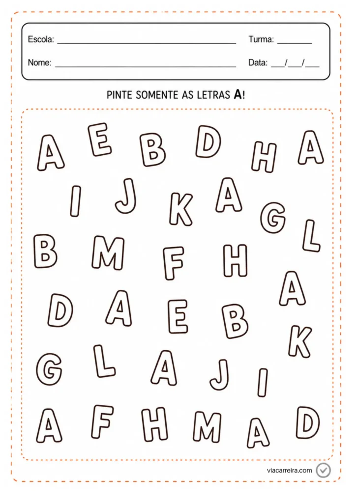 Pinte somente as letras A entre o alfabeto espalhado na página