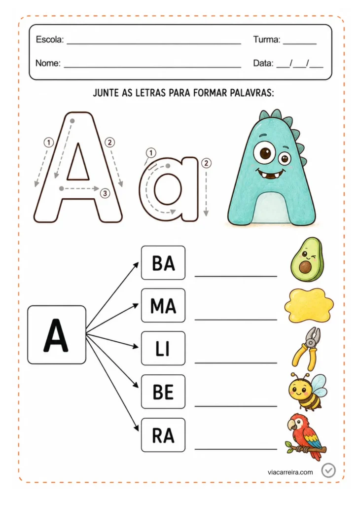 Junte as sílabas à letra A para formar abacate, amarela, alicate e arara