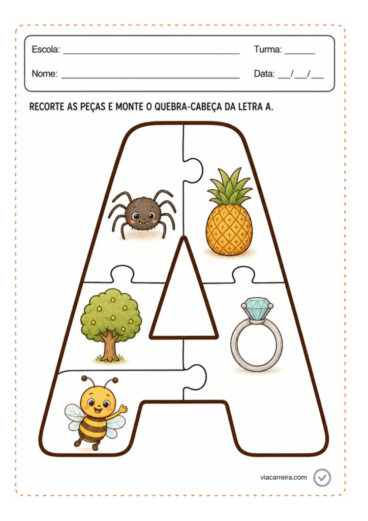 Monte o quebra-cabeça recortável da letra A com ilustrações
