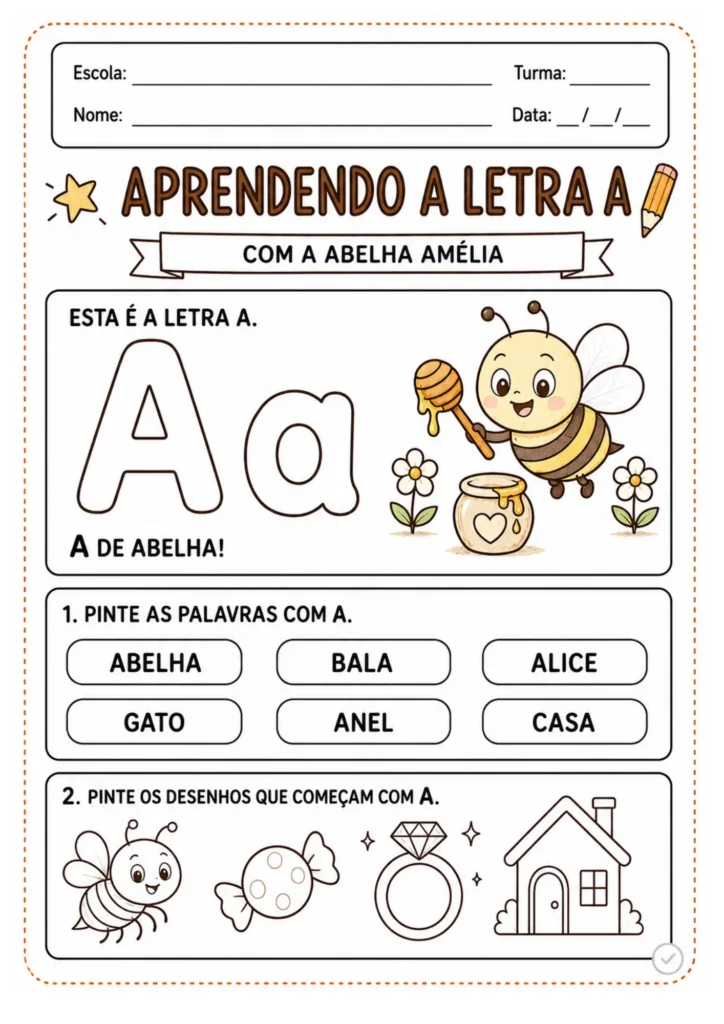 Aprendendo a letra A com a abelha Amélia: pinte palavras e desenhos