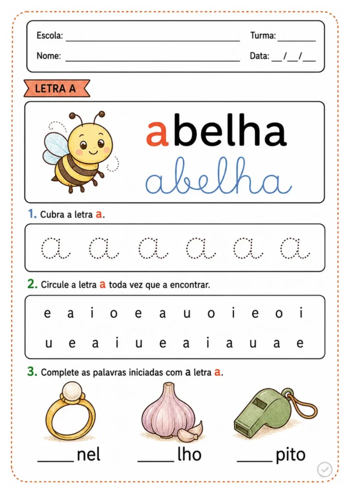 Letra a de abelha: cubra, circule entre vogais e complete palavras