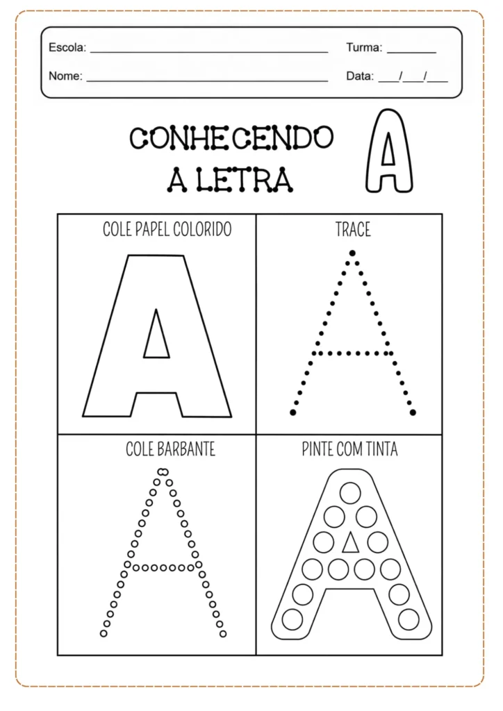 Conhecendo a letra A: colagem, traçado, barbante e pintura em quatro