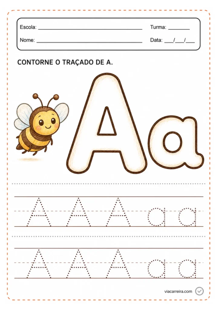 Trace a letra Aa com abelha: pontilhado e linhas de caligrafia para Educação Infantil