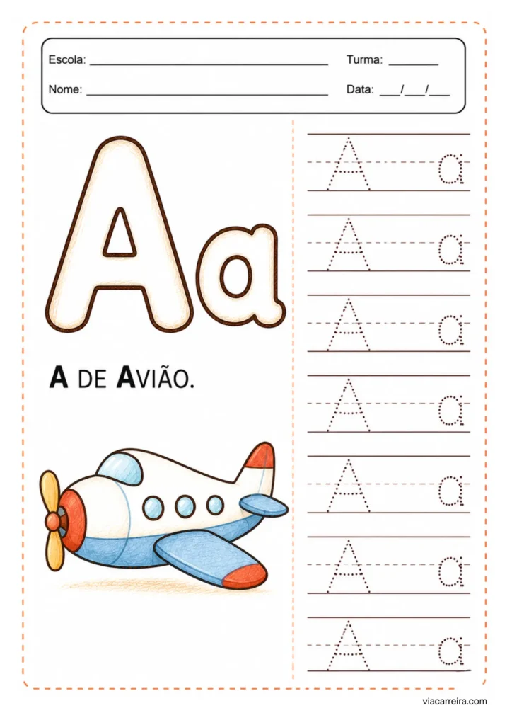Atividade A de avião: caligrafia da letra A com sete linhas de repetição